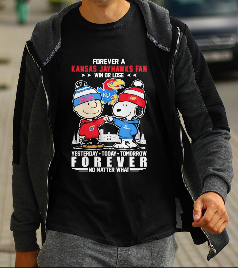 Kansas Jayhawks Fan Snoopy And Charlie Brown Win Or Lose Forever No Matter What T-Shirt