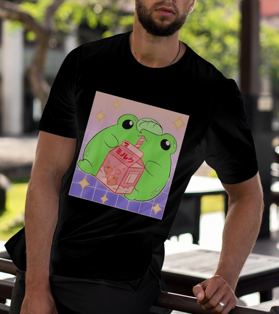 Frog With Peach Milk Box Kawaii Cartoon T-Shirt