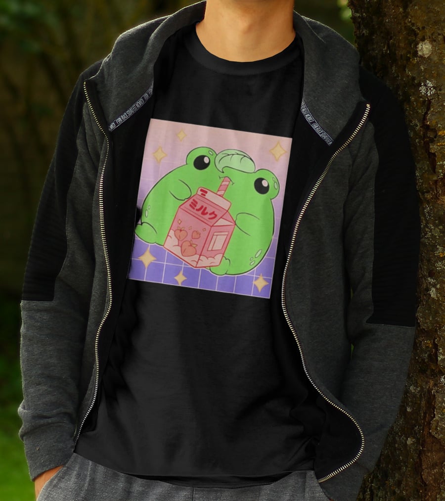 Frog With Peach Milk Box Kawaii Cartoon T-Shirt