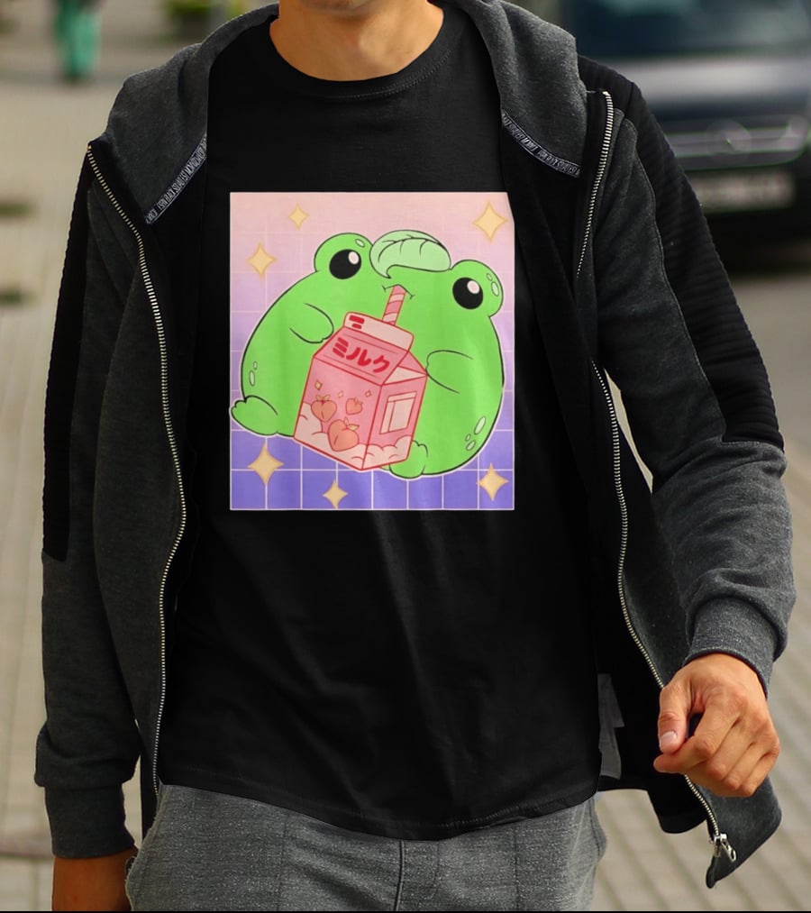Frog With Peach Milk Box Kawaii Cartoon T-Shirt