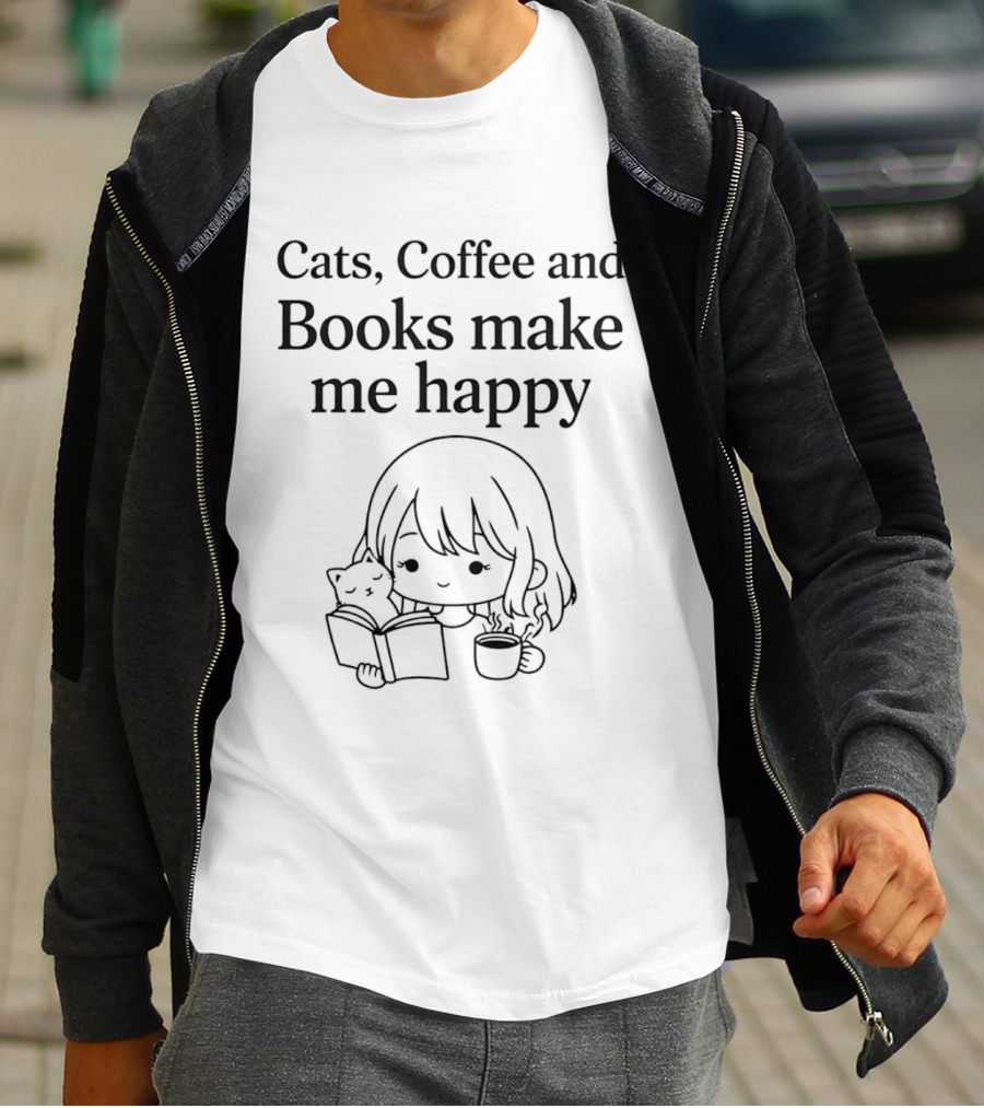 Cats Coffee And Books Make Me Happy With Adorable Cat And Girl Reading T-Shirt