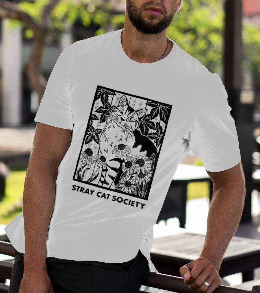 Stray Cat Society Floral And Feline Illustration With Botanical T-Shirt