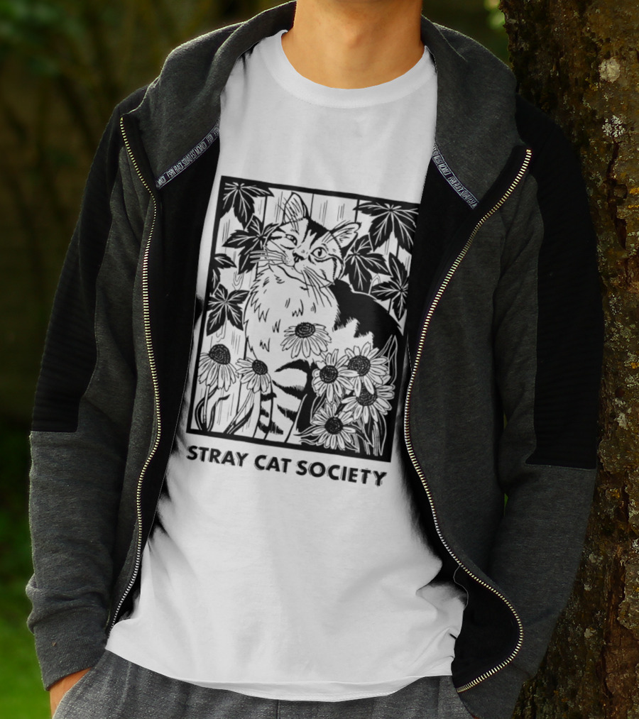 Stray Cat Society Floral And Feline Illustration With Botanical T-Shirt