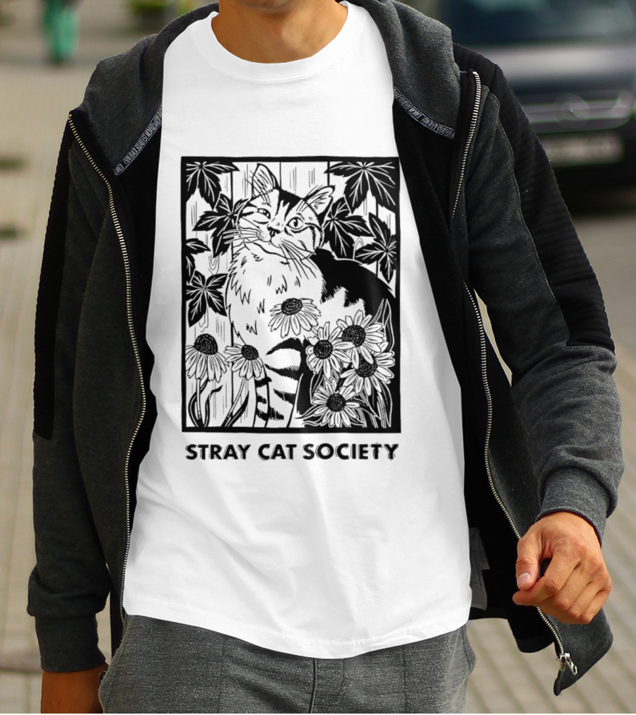 Stray Cat Society Floral And Feline Illustration With Botanical T-Shirt