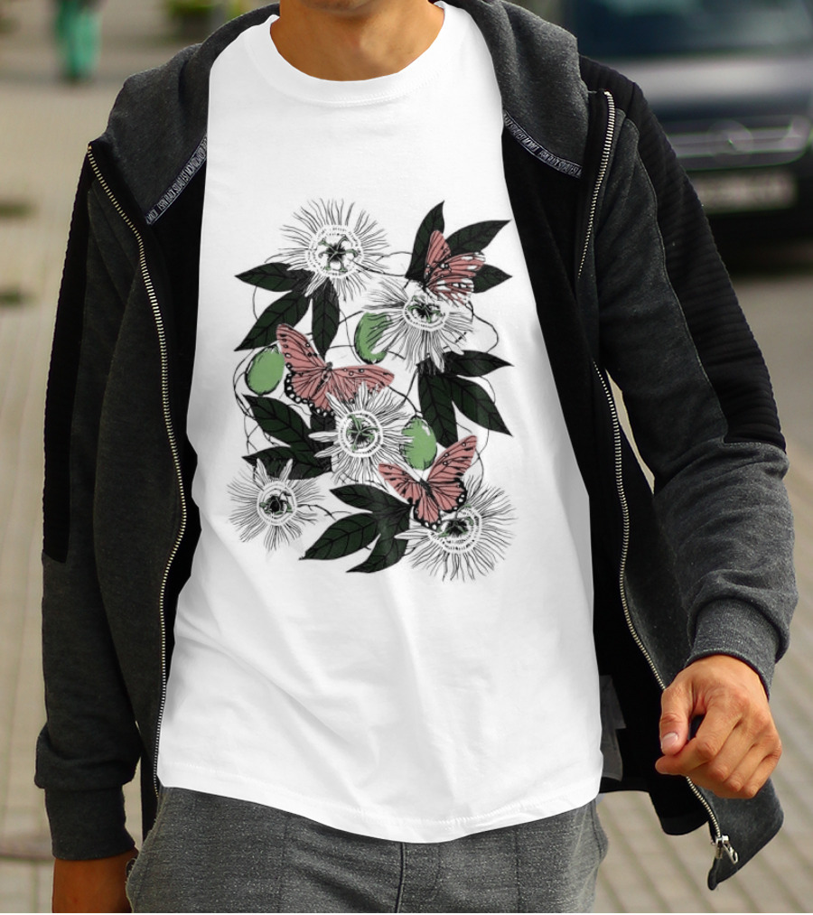 Passion Flower Pistachio Incarnata Red Butterflies Adult T-Shirt