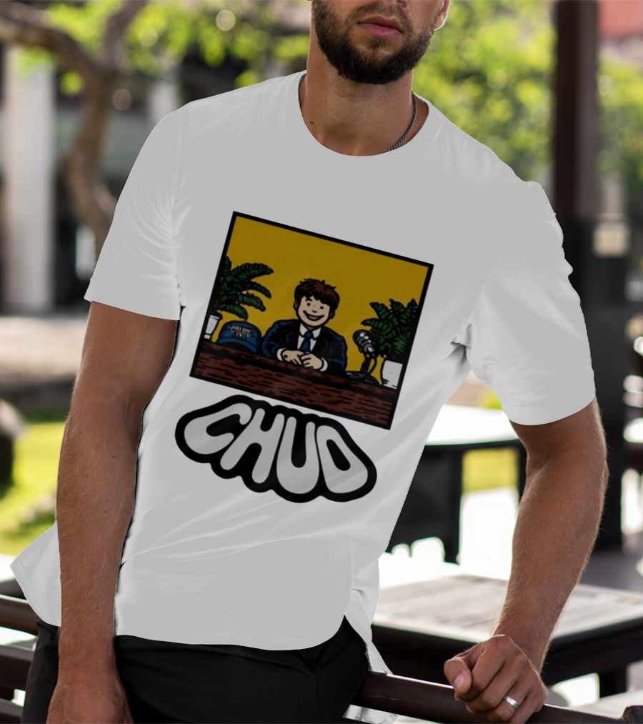 Fuentes Store Chud Comic Style Desk Scene With Microphone And Cap T-Shirt