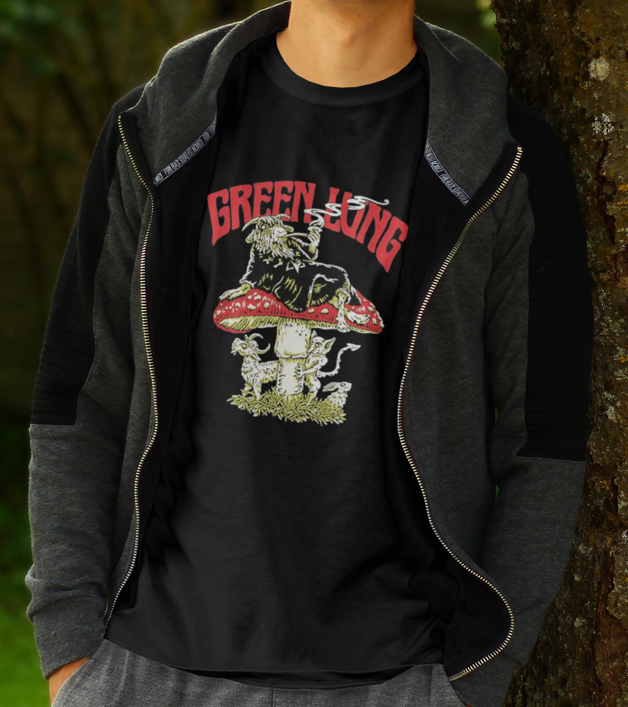 Green Lung Band Goat Smoking On Mushroom Old English Black Magic T-Shirt