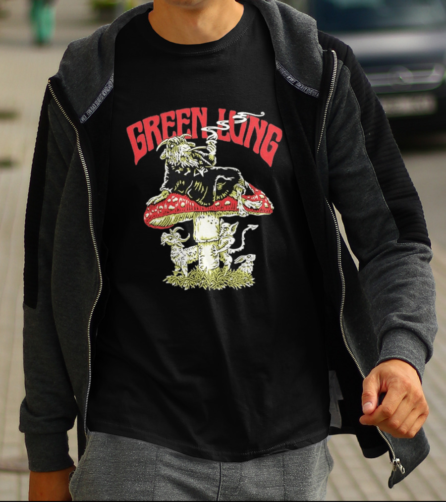 Green Lung Band Goat Smoking On Mushroom Old English Black Magic T-Shirt