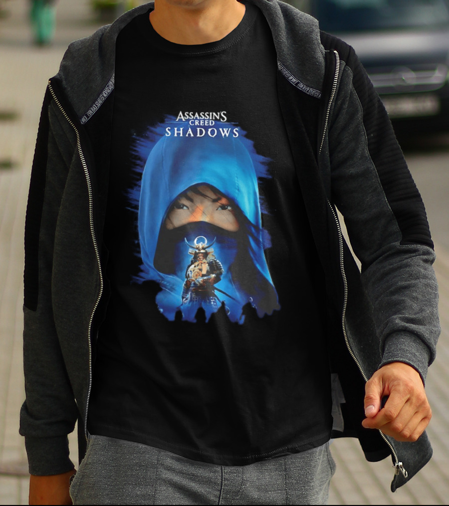 Assassin's Creed Shadows Blue Cloaked Figure With Samurai Warrior T-Shirt