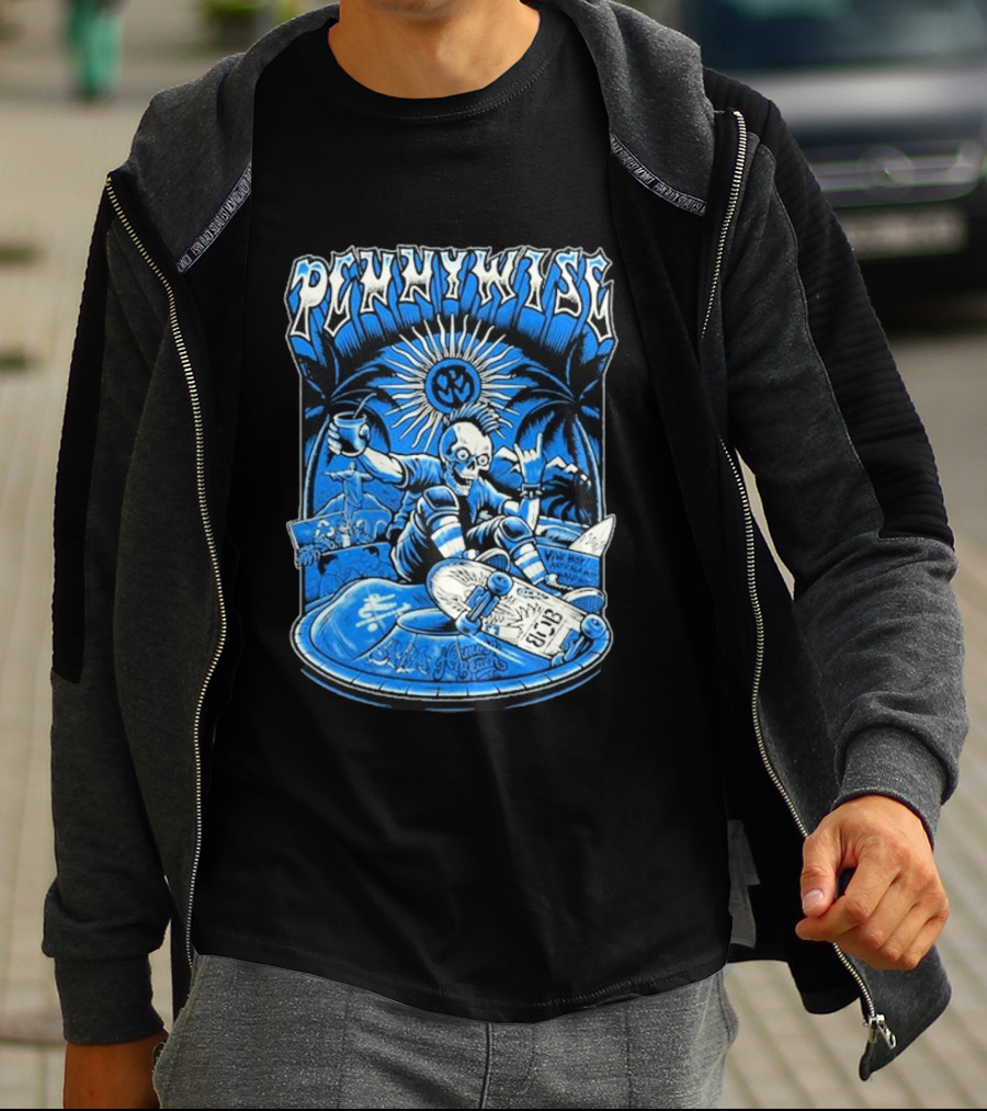 Pennywise South America Tour 2026 Skater Beach Scene With Skeleton And Skateboard Palms Waves Cup Blue Sunburst T-Shirt