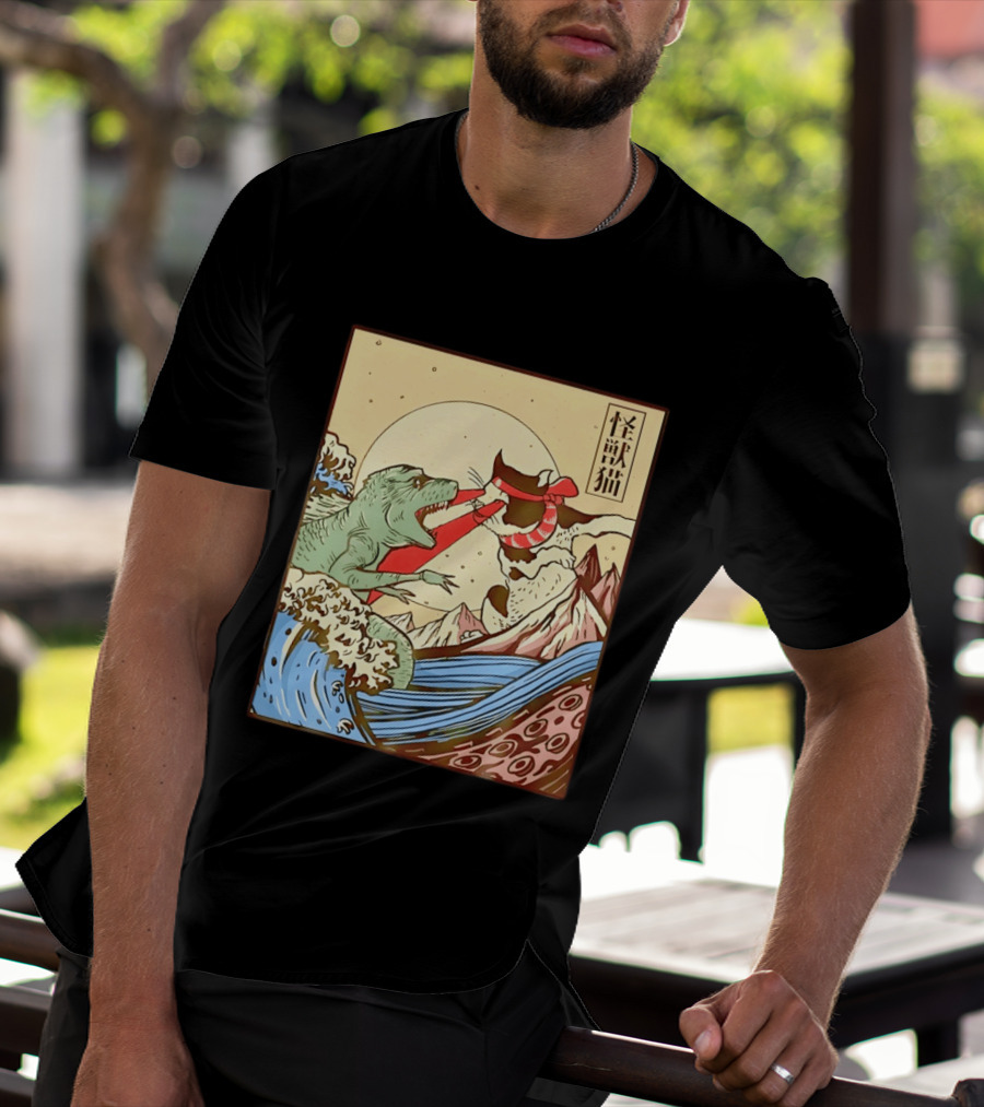 Japanese Great Wave Cat Vs Monster Classic Kaiju T-Shirt