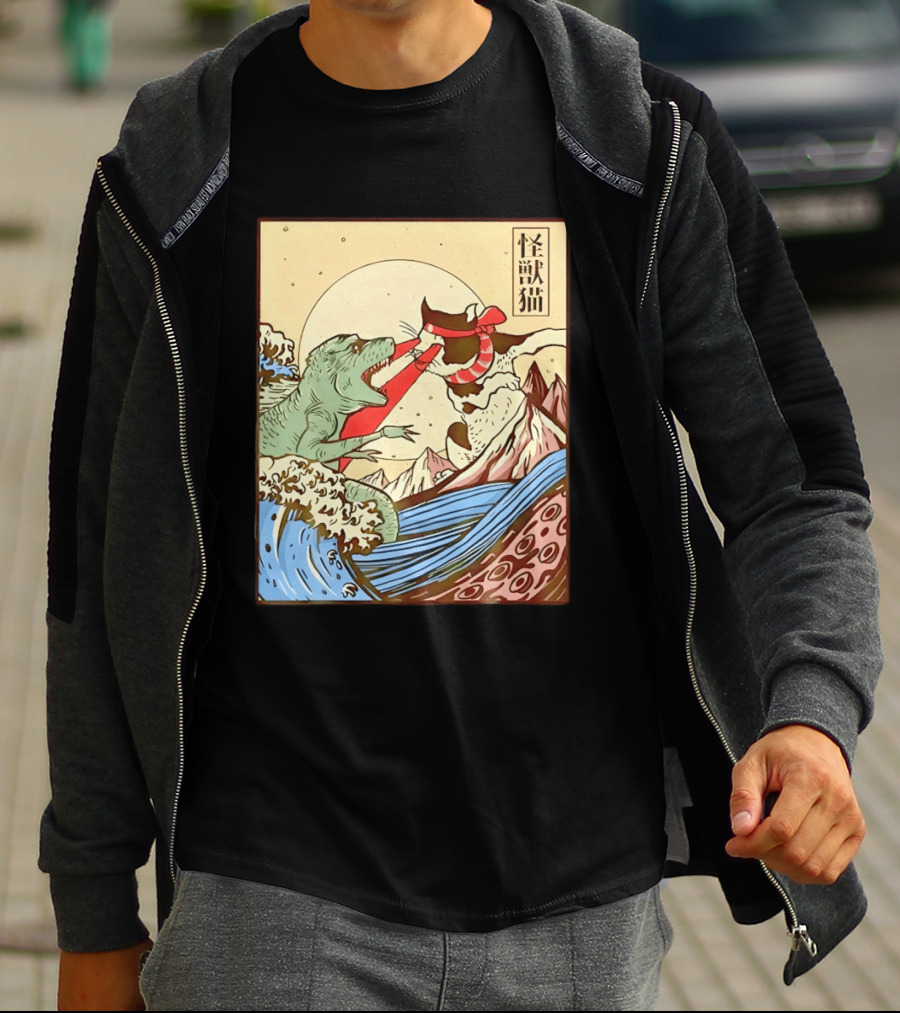Japanese Great Wave Cat Vs Monster Classic Kaiju T-Shirt