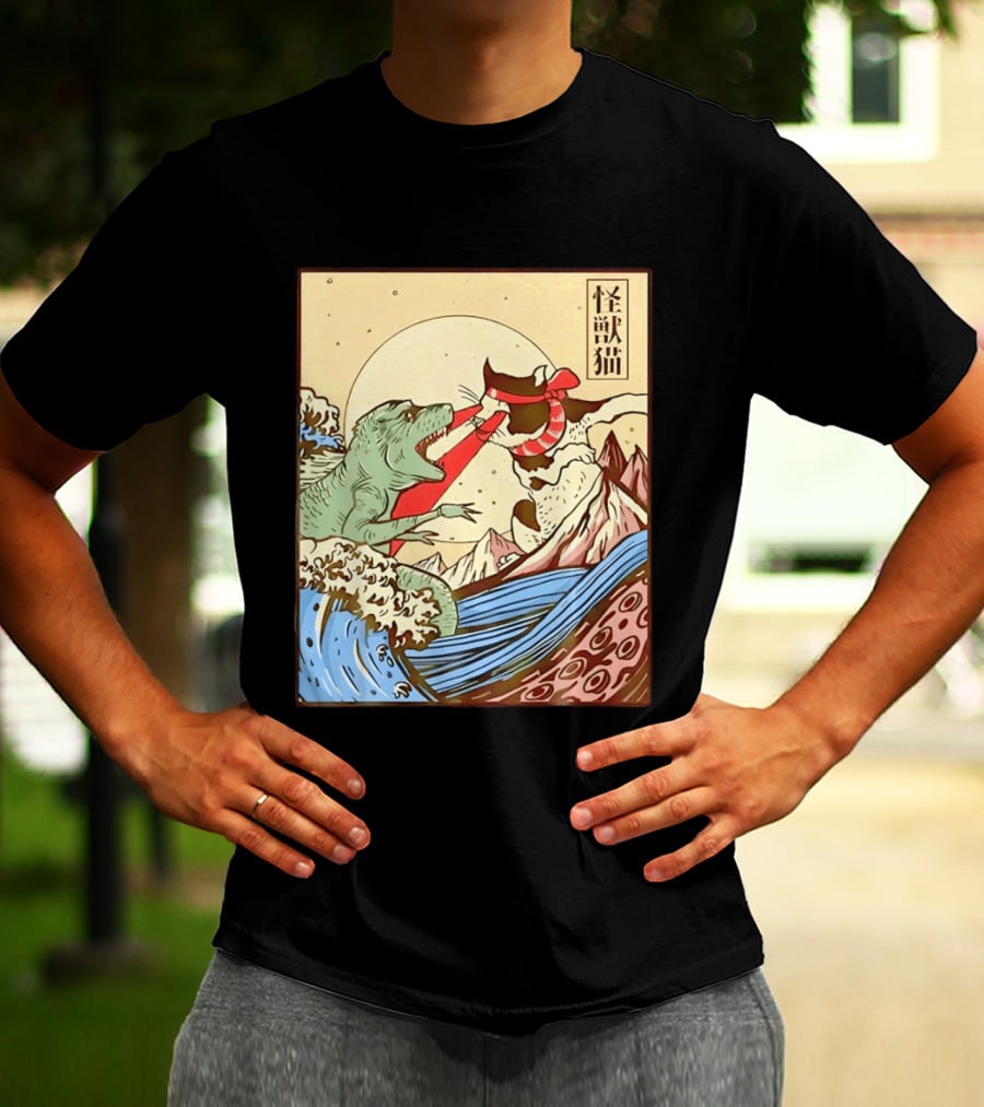 Japanese Great Wave Cat Vs Monster Classic Kaiju T-Shirt