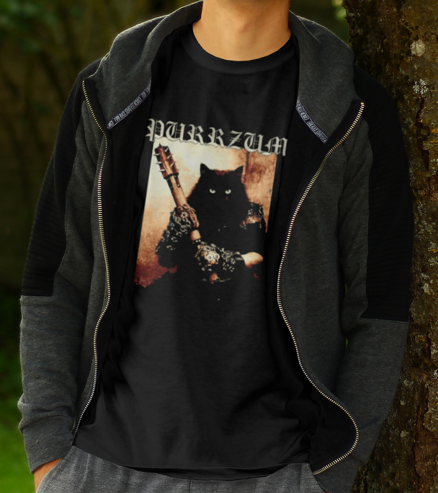 Purrzum Cat Black Metal Aesthetic Feline Holding Guitar T-Shirt