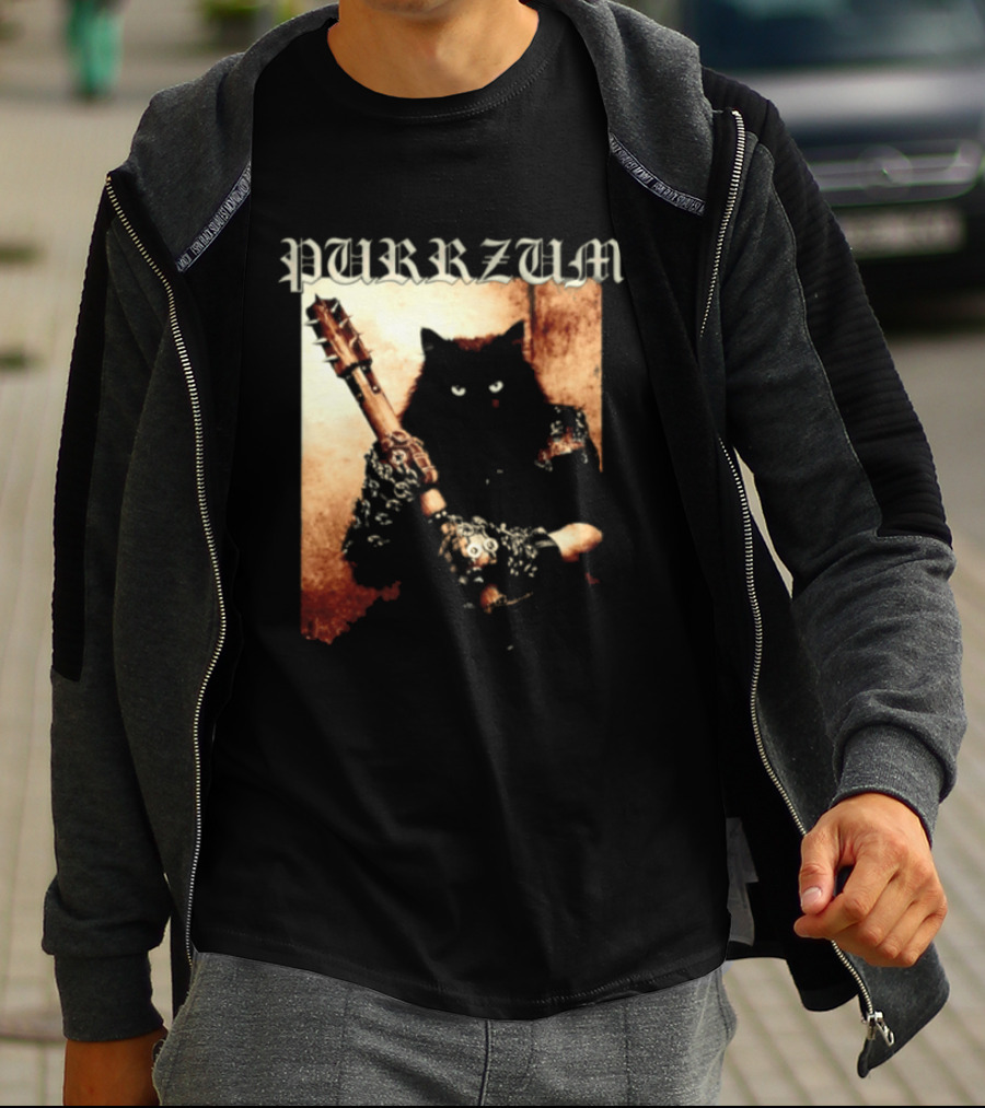 Purrzum Cat Black Metal Aesthetic Feline Holding Guitar T-Shirt