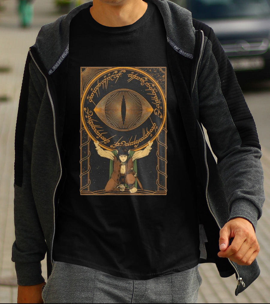 Frodo Baggins Carrying The Eye Of Sauron With Elvish Script Lord Of The Rings T-Shirt