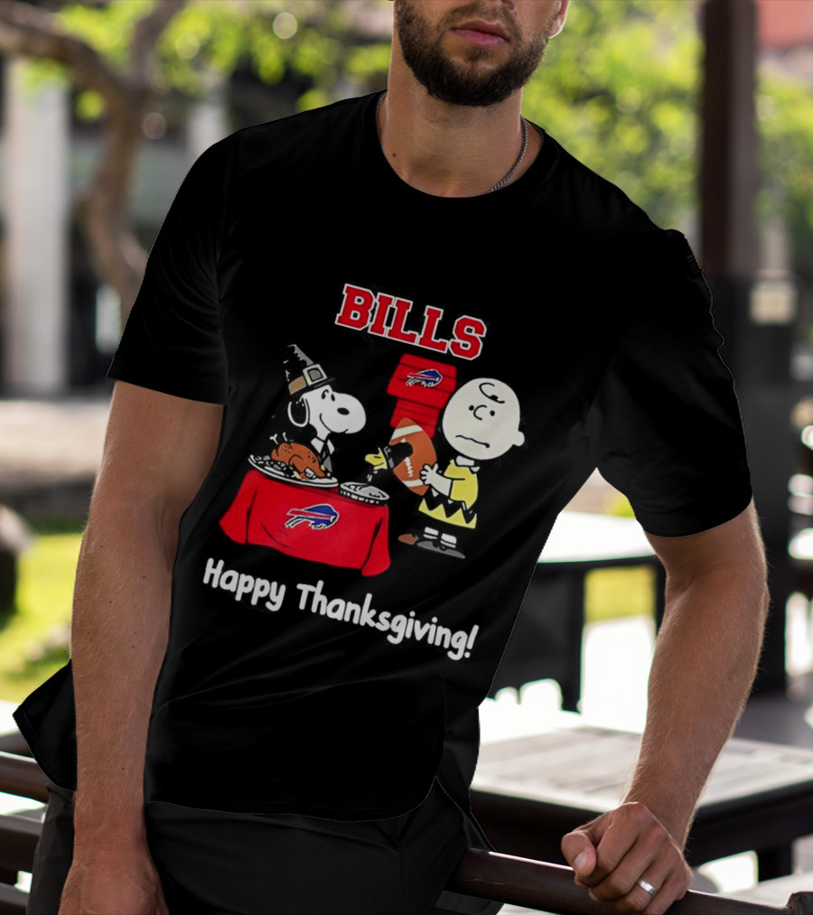 Snoopy And Charlie Brown Celebrate Buffalo Bills Happy Thanksgiving T-Shirt