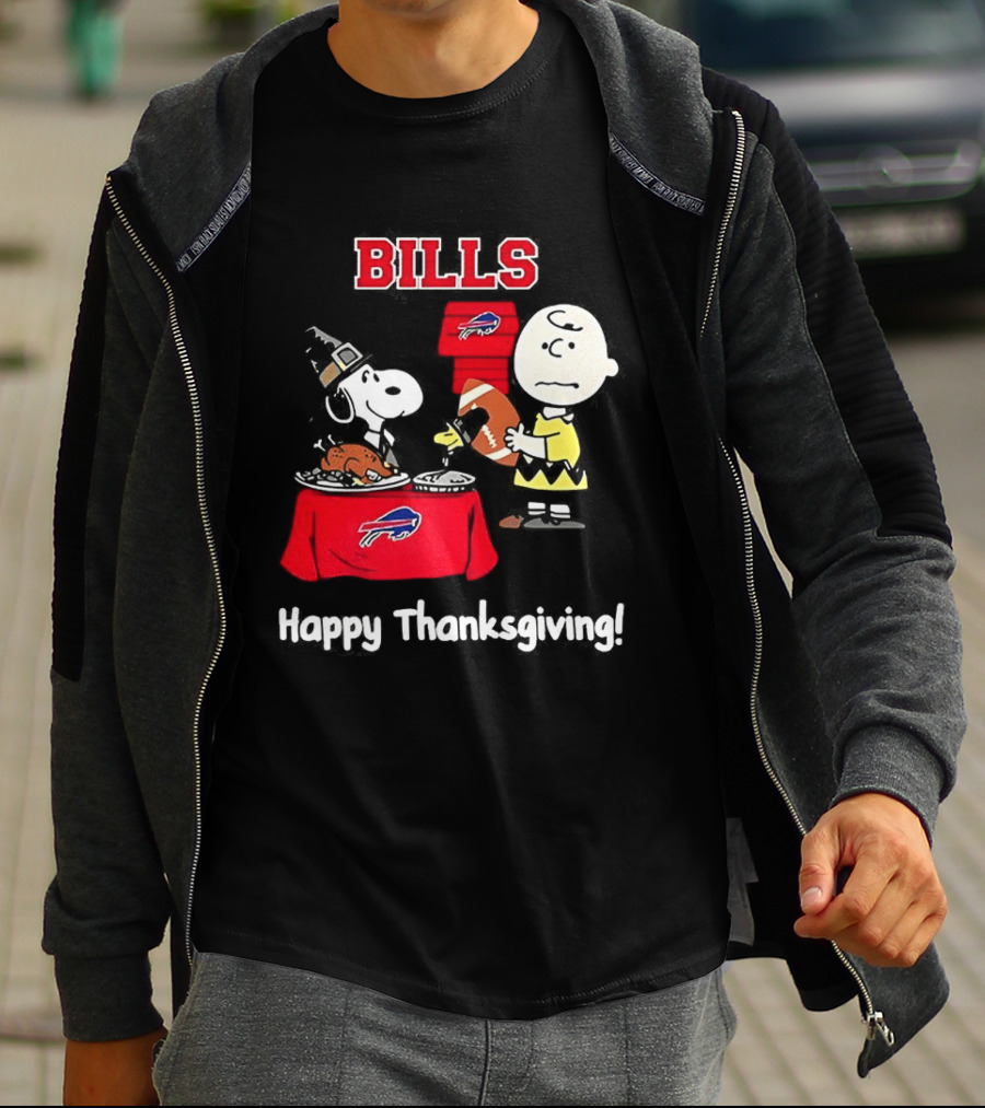Snoopy And Charlie Brown Celebrate Buffalo Bills Happy Thanksgiving T-Shirt