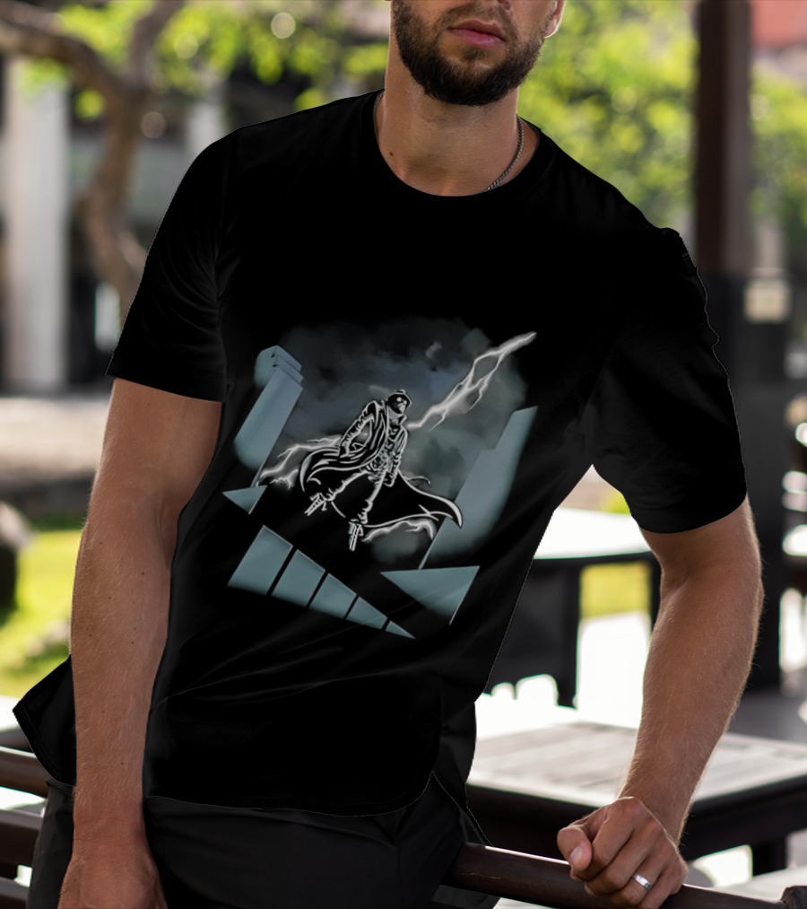 Spider Man Noir X Batman The Animated Series Noir Crossover With Light Burst And Gotham City Skyline T-Shirt