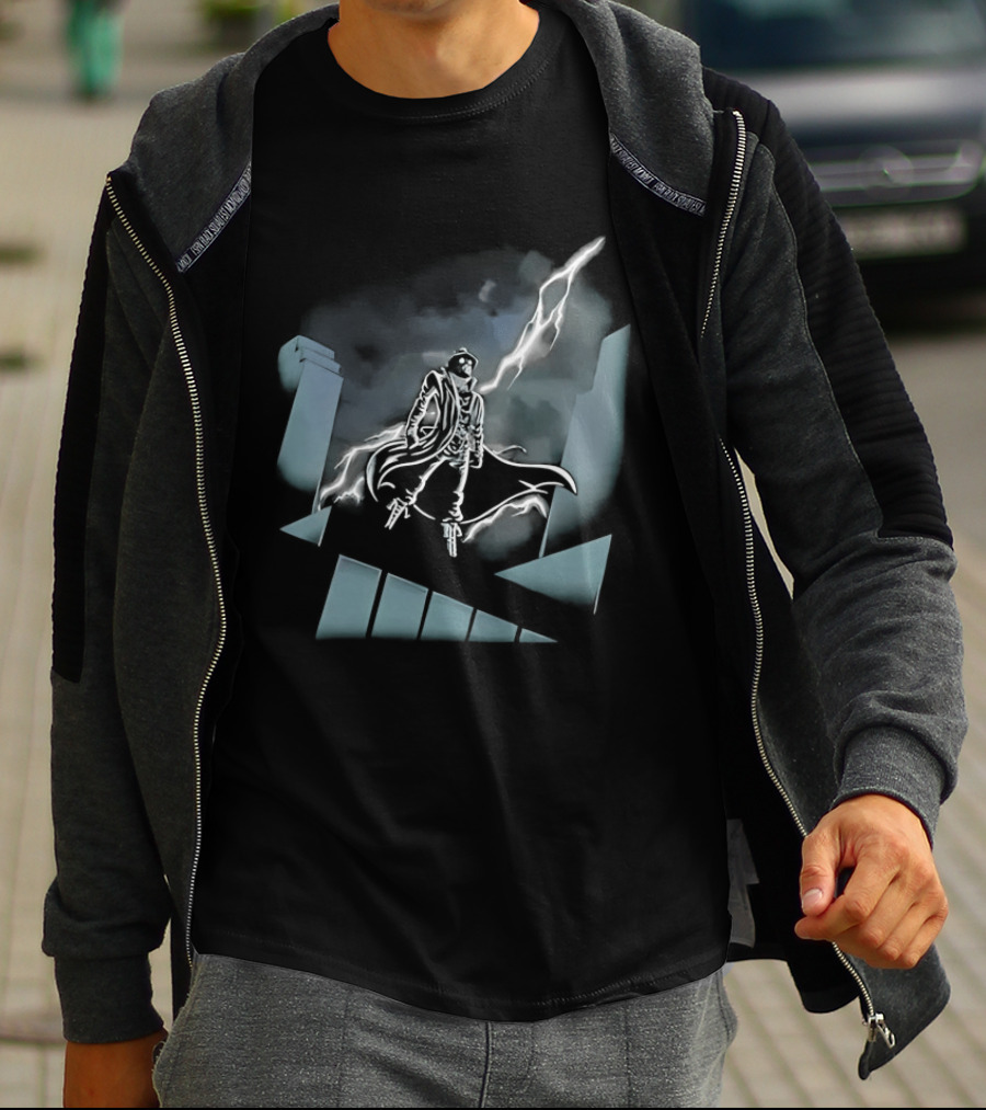 Spider Man Noir X Batman The Animated Series Noir Crossover With Light Burst And Gotham City Skyline T-Shirt