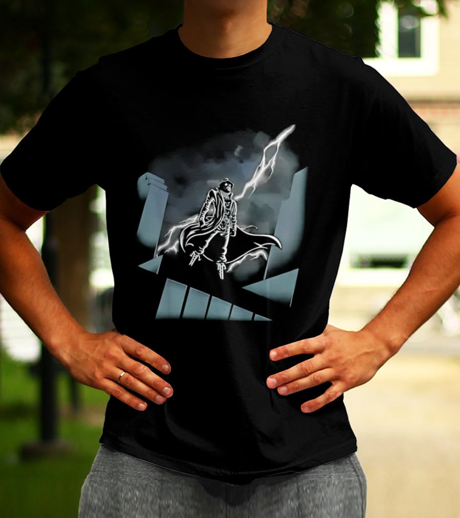 Spider Man Noir X Batman The Animated Series Noir Crossover With Light Burst And Gotham City Skyline T-Shirt