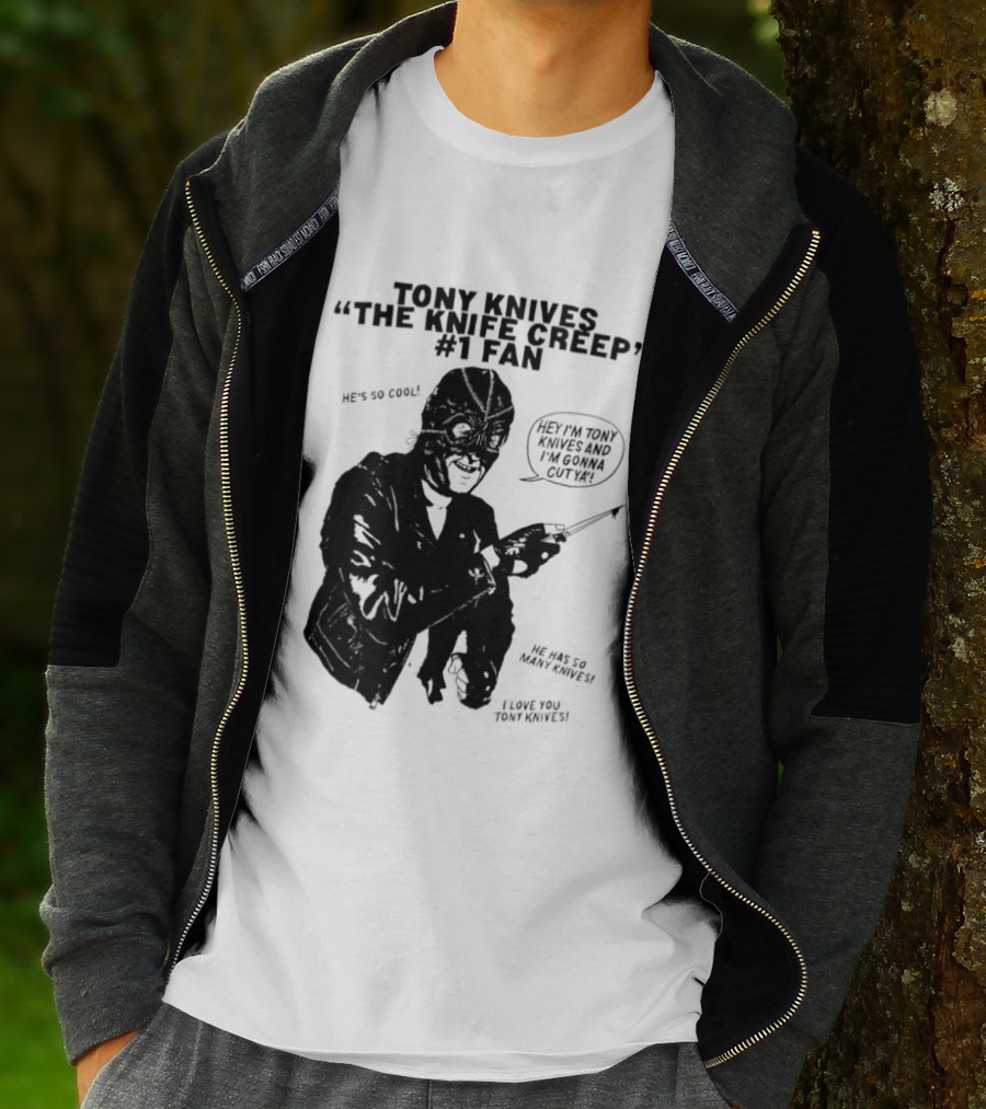 Tony Knives The Knife Creep Volume One Leather Jacket Mysterious True Crime Legendary Horror Movie Night Stalk Western Adventure T-Shirt