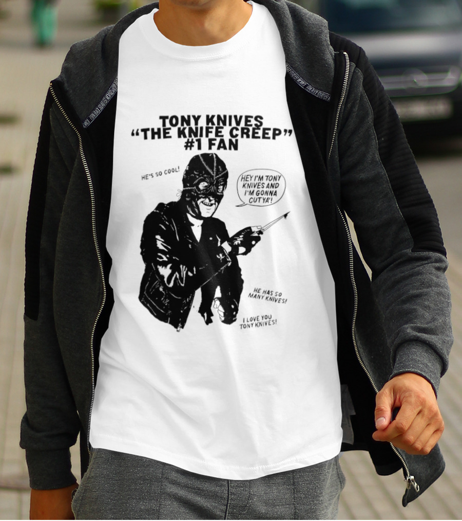 Tony Knives The Knife Creep Volume One Leather Jacket Mysterious True Crime Legendary Horror Movie Night Stalk Western Adventure T-Shirt