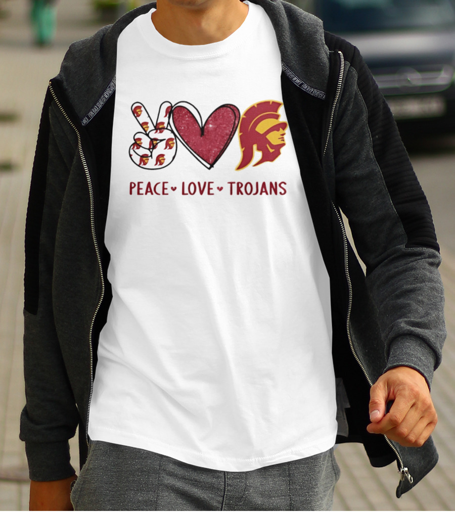 USC Trojans Peace Love Hand Sign Heart Shape T-Shirt