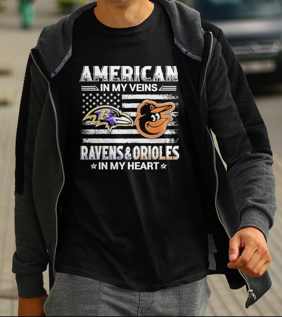 American In My Veins Ravens Orioles In My Heart USA Flag T-Shirt