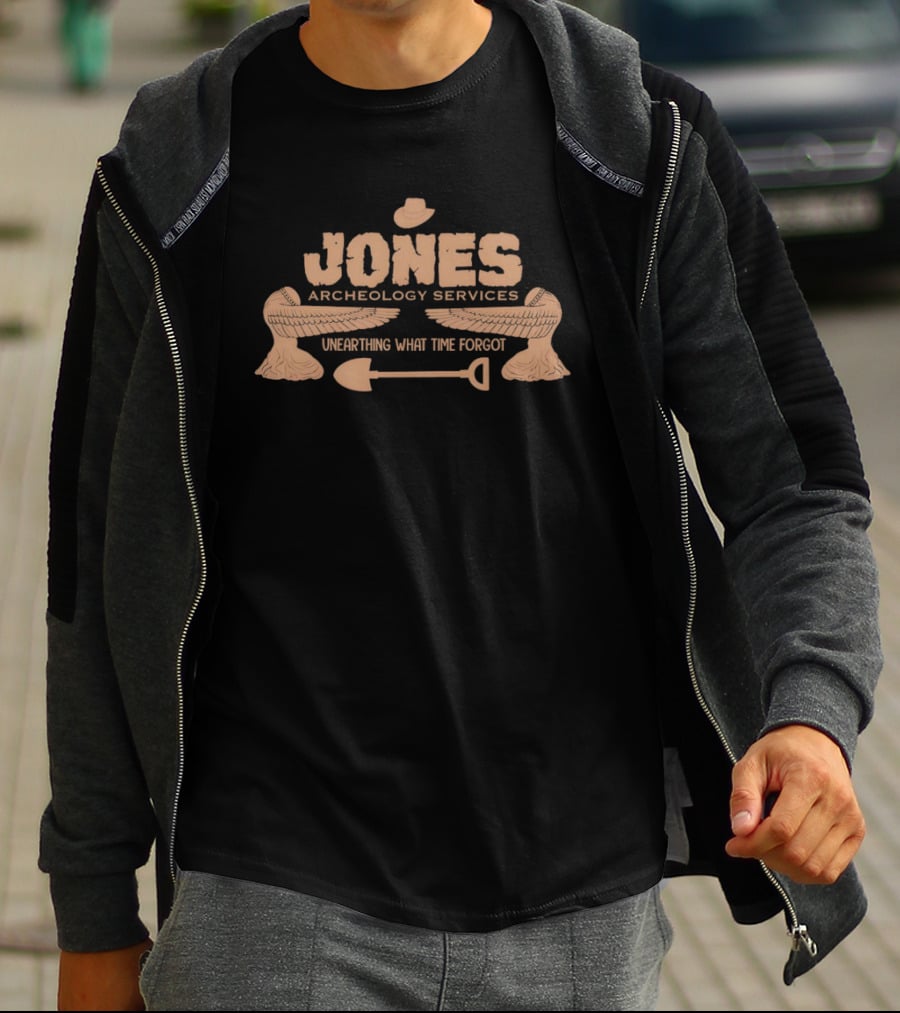 Jones Archaeology Services Unearthing What Time Forgot Adventure Shovel Winged Hat T-Shirt