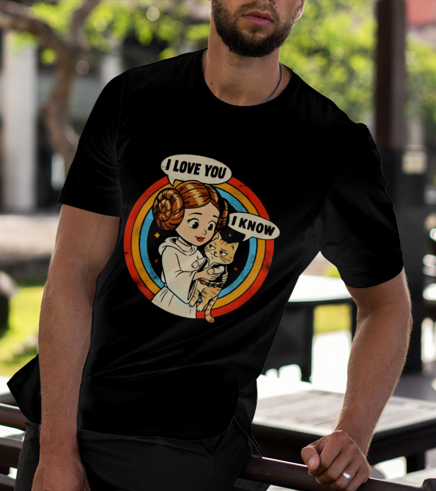 Princess Leia Style Girl Holding Cat I Love You I Know Retro 70s Cartoon T-Shirt