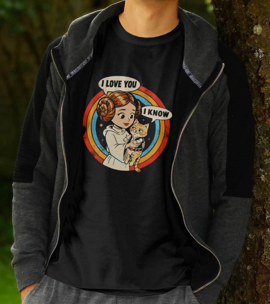 Princess Leia Style Girl Holding Cat I Love You I Know Retro 70s Cartoon T-Shirt
