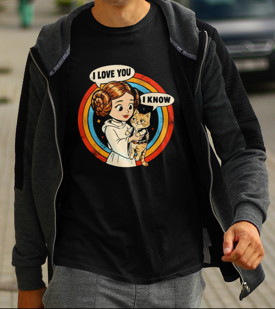Princess Leia Style Girl Holding Cat I Love You I Know Retro 70s Cartoon T-Shirt