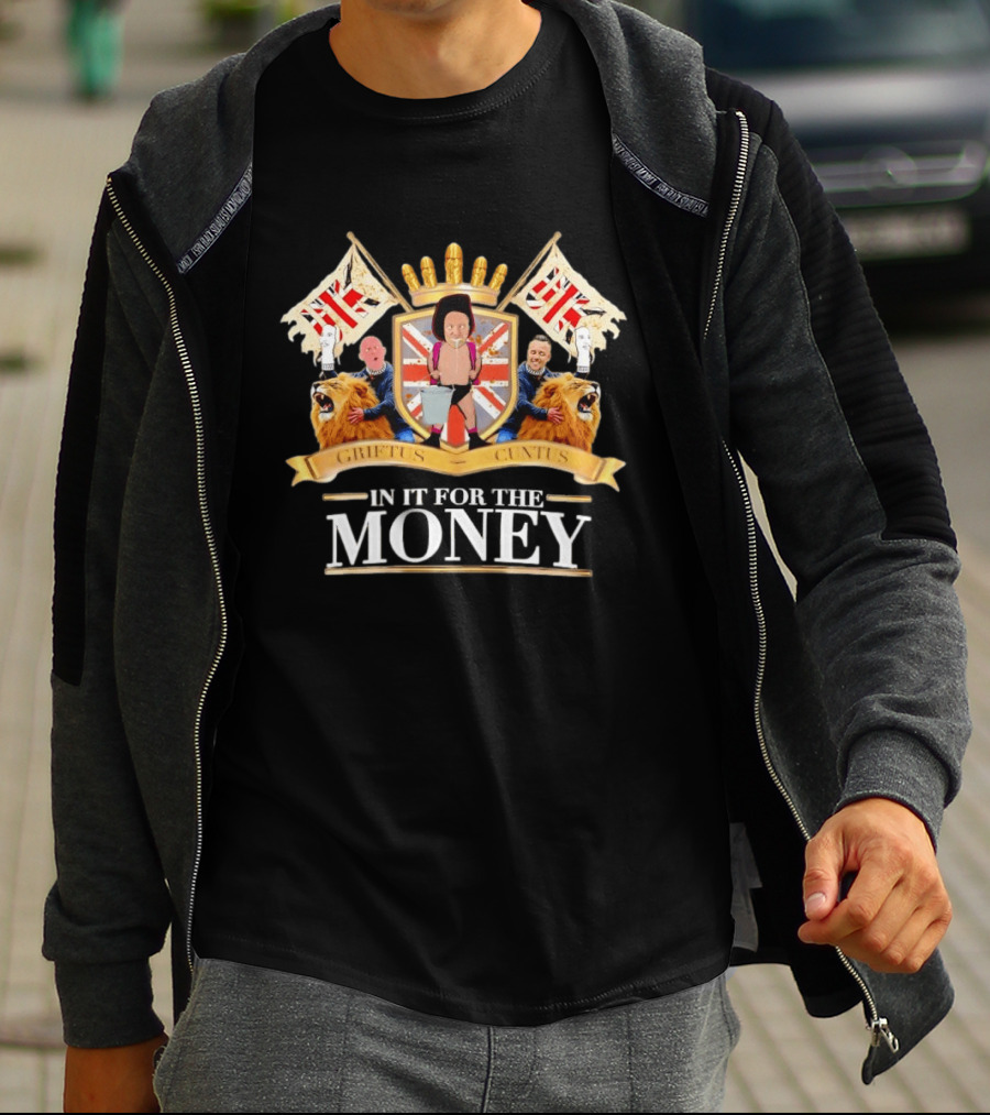 Griftus Cuntus British Flags Lions In It For The Money Crest T-Shirt