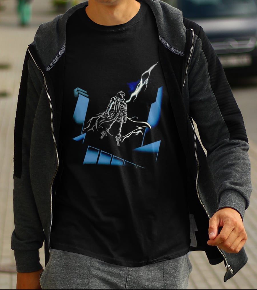 Mysterious Man Trench Coat Lightning Building Spider Man Noir T-Shirt