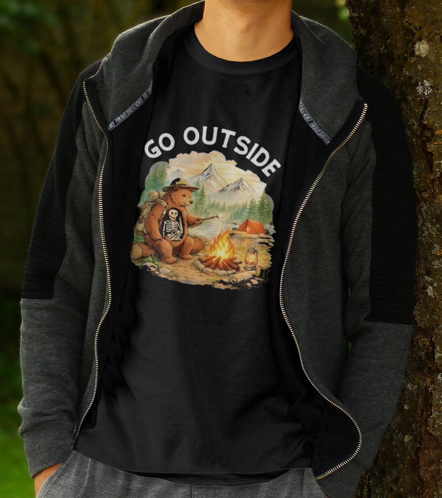 Hiking Bear Campfire Skeleton Inside Bear's Stomach Go Outside T-Shirt