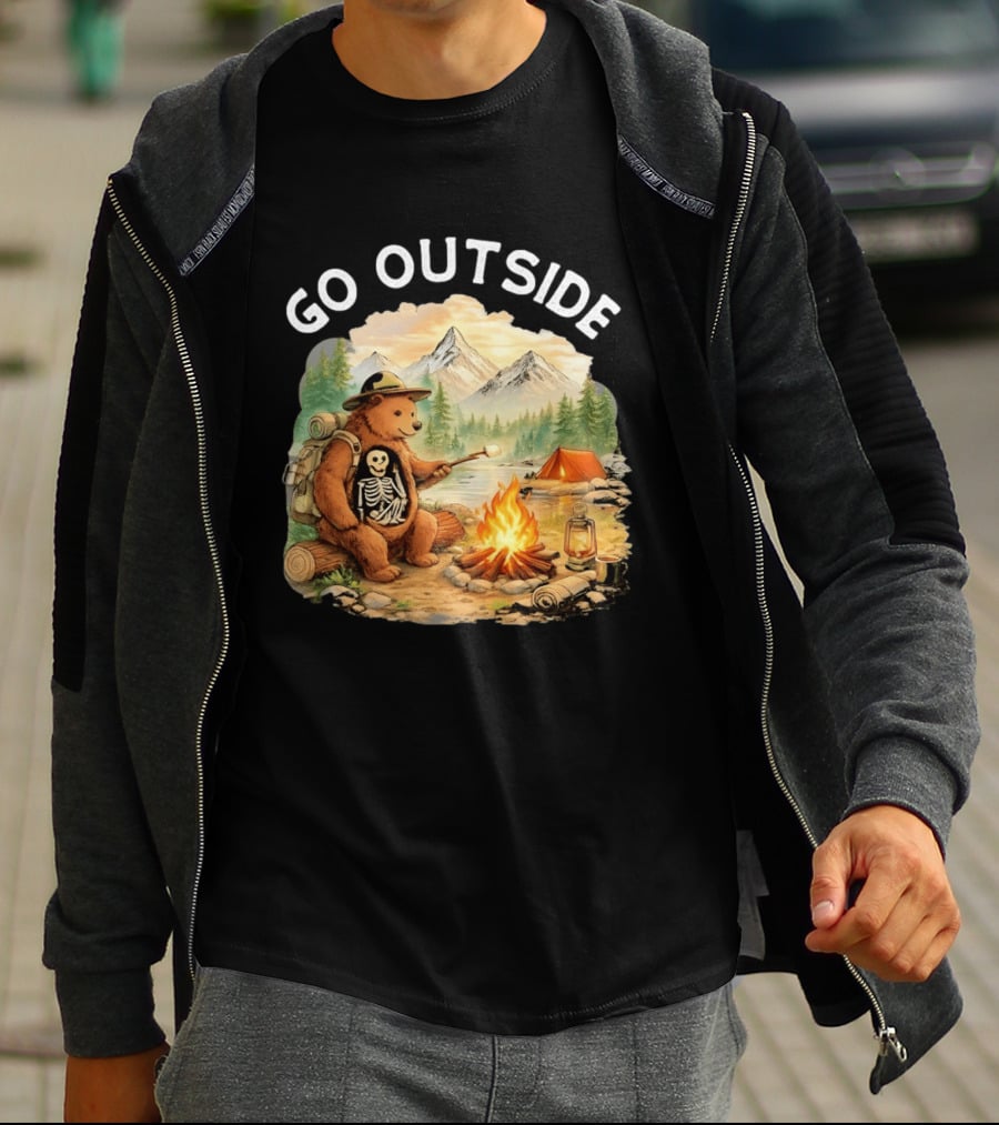 Hiking Bear Campfire Skeleton Inside Bear's Stomach Go Outside T-Shirt