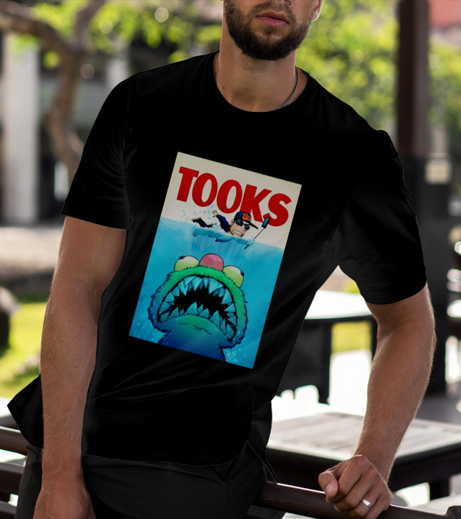 TOOKS Cartoon Giant Monster Inspired By Jaws With Diver And Cap T-Shirt