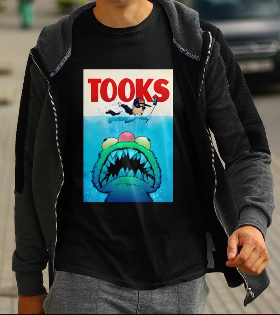 TOOKS Cartoon Giant Monster Inspired By Jaws With Diver And Cap T-Shirt