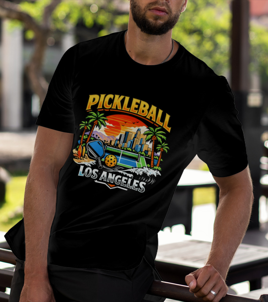 Los Angeles Pickleball City Skyline Sunset Palm Trees T-Shirt