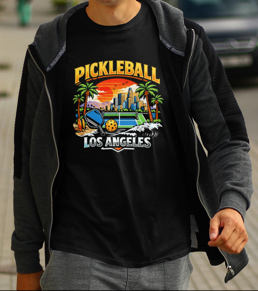 Los Angeles Pickleball City Skyline Sunset Palm Trees T-Shirt