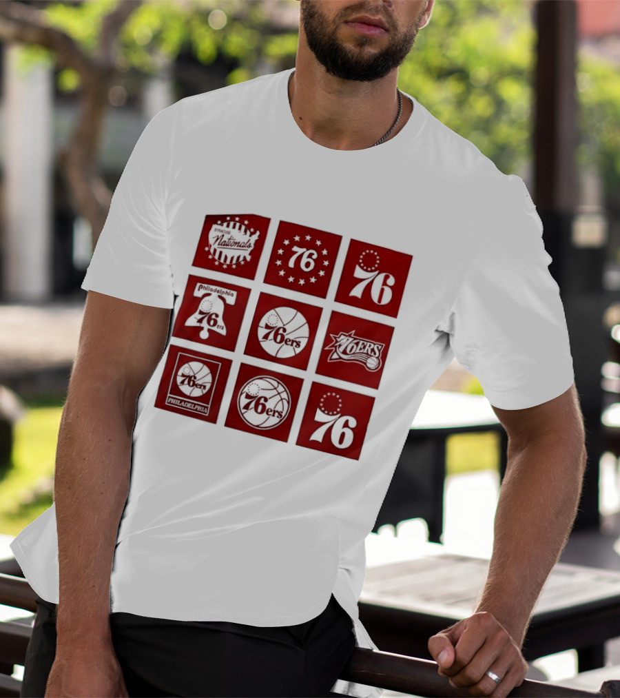 Philadelphia 76ers NBA Team Retro Icons And Number 76 Basketball Squares T-Shirt