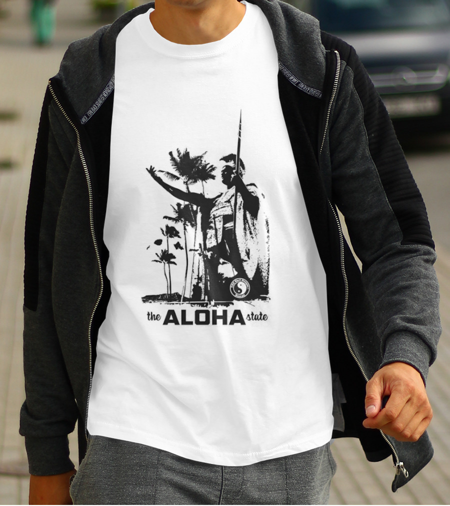 The Aloha State Ka Black White Hawaiian King Statue Palms T-Shirt