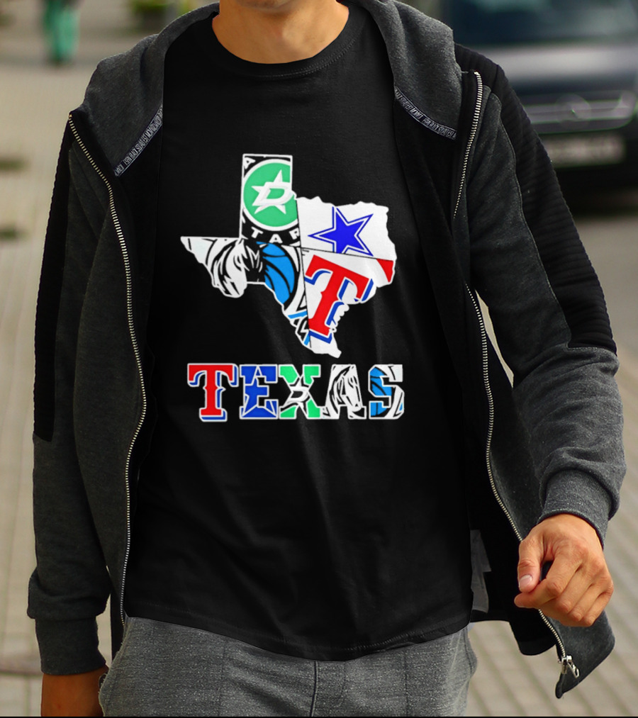 Texas Dallas Stars Mavericks Cowboys Rangers Sports Map T-Shirt