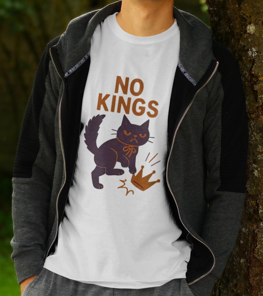 No Kings Black Cat Kicking Crown T-Shirt