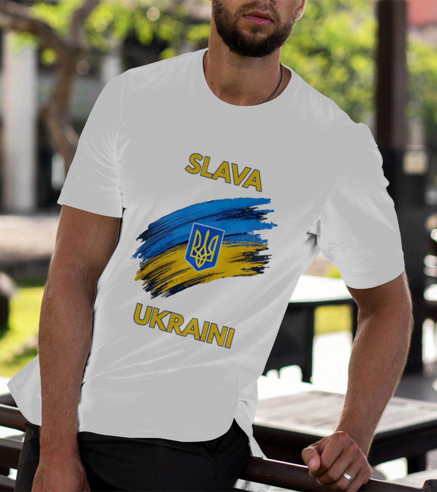 Slava Ukraini Emblem With Blue And Yellow Brush Strokes T-Shirt