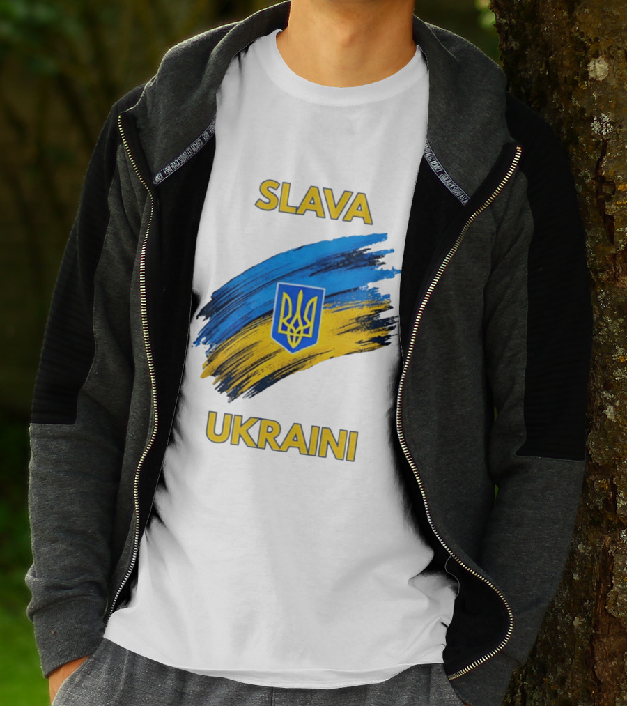 Slava Ukraini Emblem With Blue And Yellow Brush Strokes T-Shirt