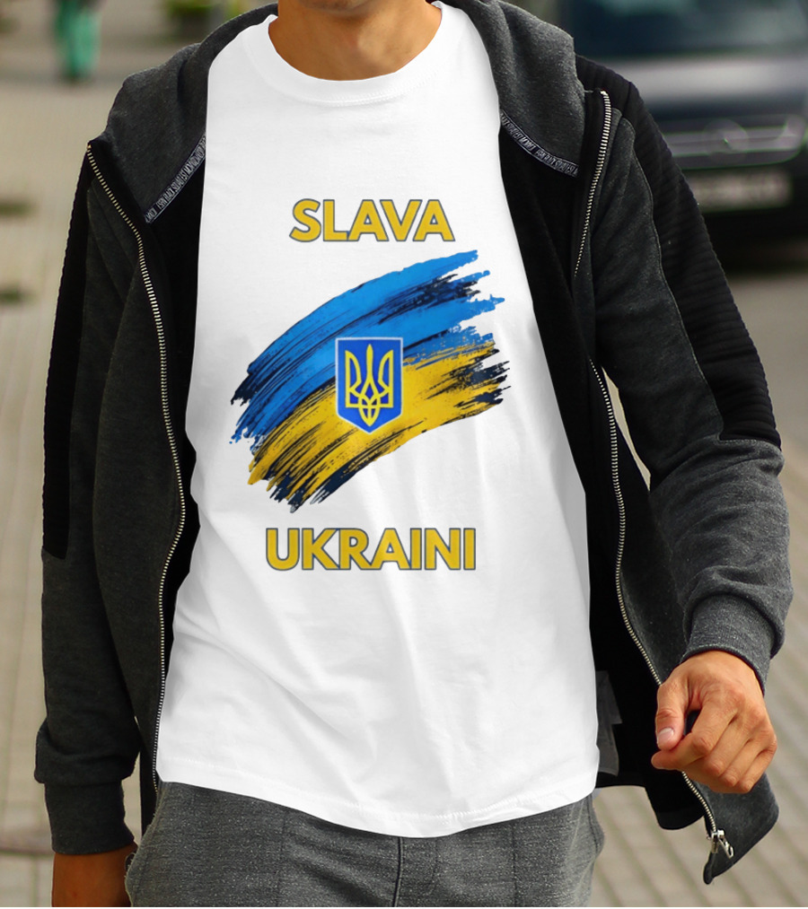 Slava Ukraini Emblem With Blue And Yellow Brush Strokes T-Shirt
