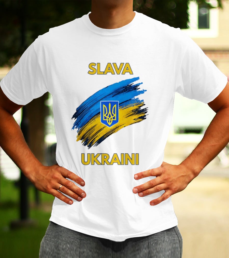 Slava Ukraini Emblem With Blue And Yellow Brush Strokes T-Shirt