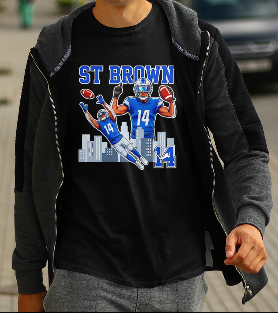 ST Brown 14 Detroit Lions Football City Skyline T-Shirt